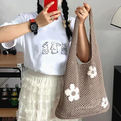 Floral Knitted Fishnet Tote Bags - Image 3